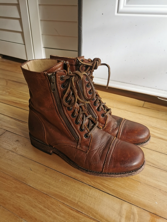 Frye Shoes - Frye Brown Leather Lace Up Double Zip Combat Boots - Size 9